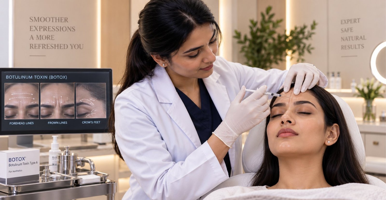 Botox being injected at Skinline, Kukatpally, with forehead lines, frown lines and crow&rsquo;s feet shown on screen