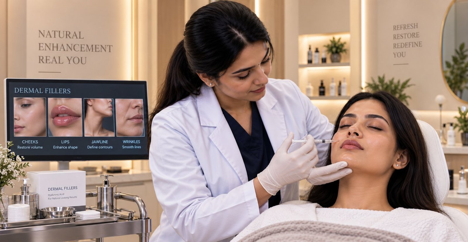 Hyaluronic acid dermal filler being injected at Skinline, Kukatpally, with cheeks, lips, jawline and wrinkles shown on screen