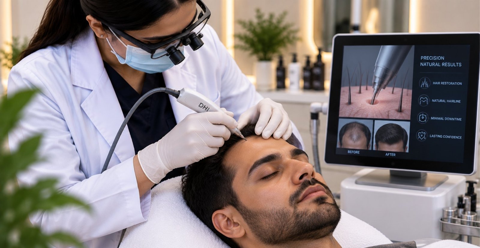 Direct Hair Implantation being performed with a DHI implanter pen at Skinline, Kukatpally