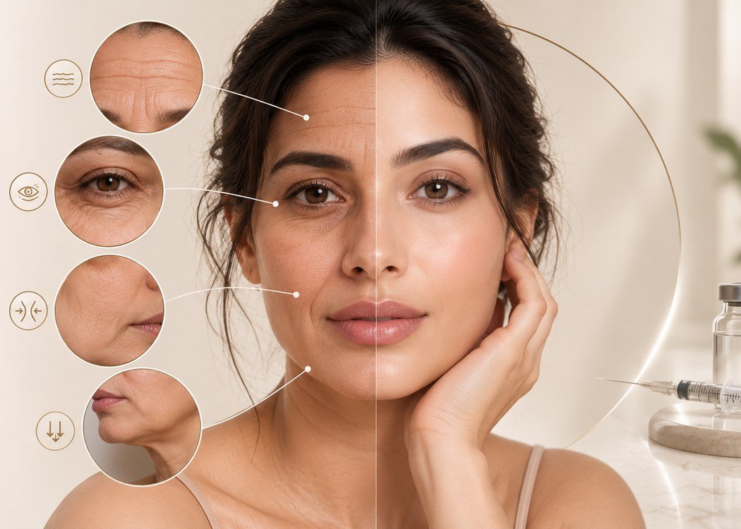 Aesthetic procedures at Skinline: forehead lines, crow&rsquo;s feet, smile lines and jawline, before and after