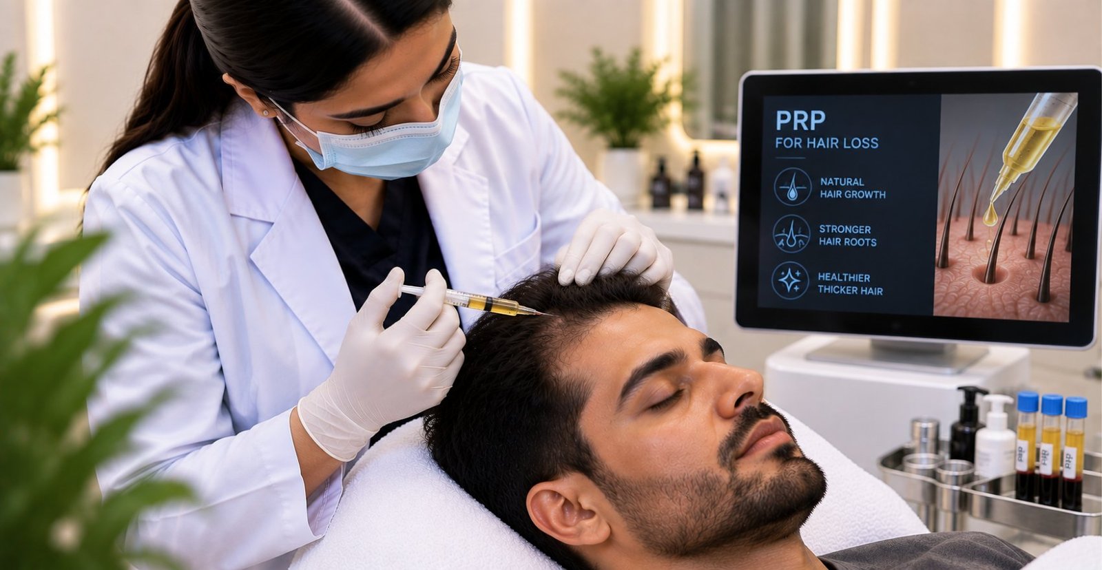 PRP scalp injection for hair loss at Skinline, Kukatpally, with separated plasma tubes alongside