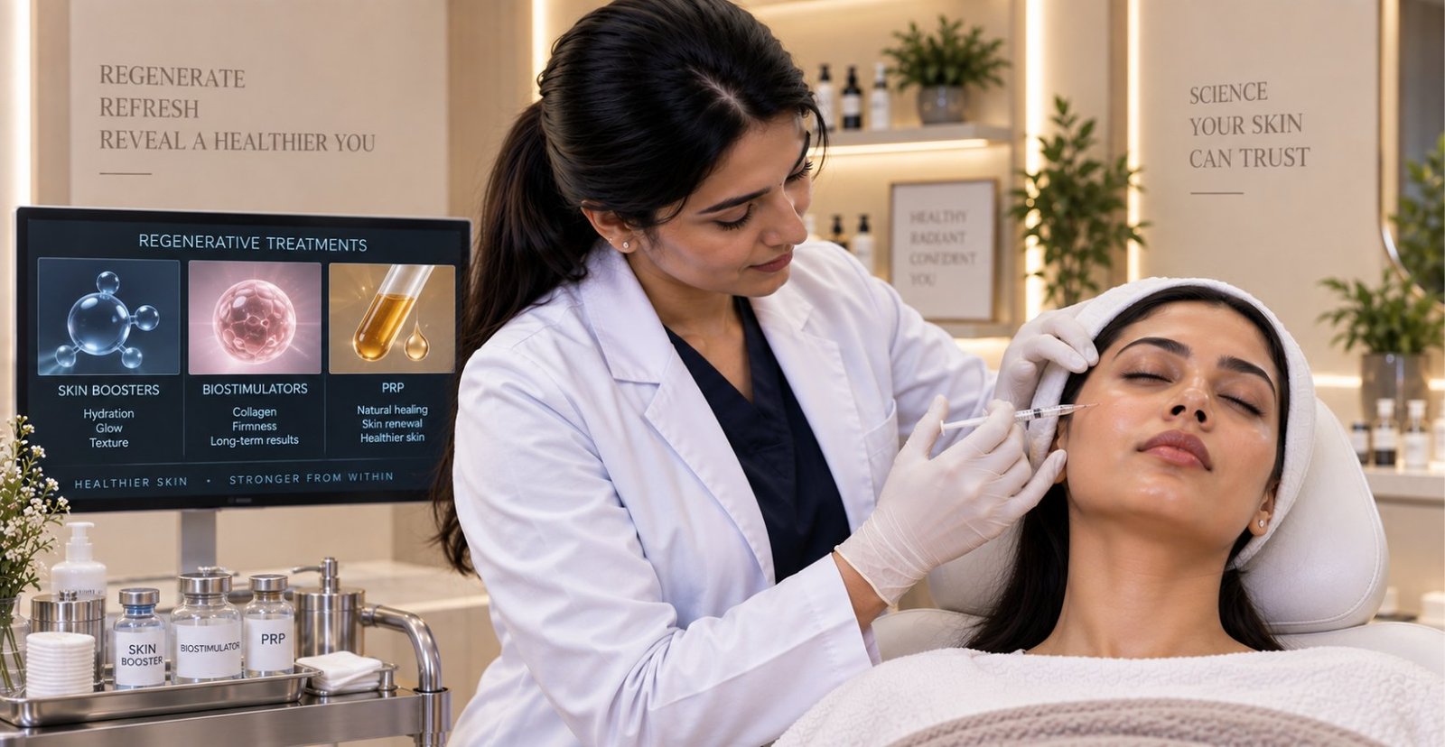 Regenerative treatment being administered at Skinline, Kukatpally, with skin boosters, biostimulators and PRP on screen