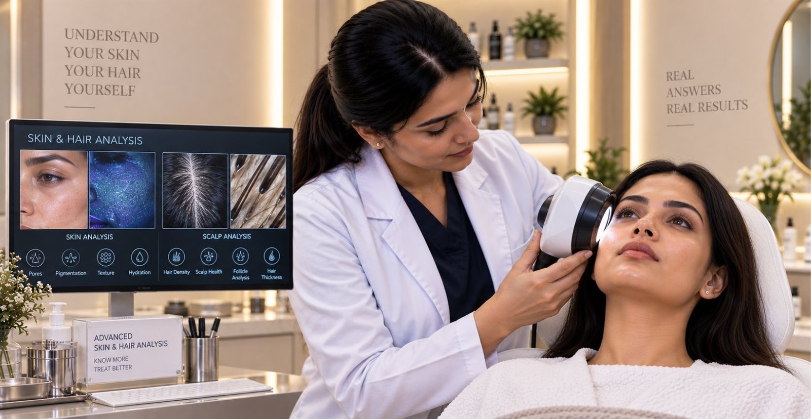 Skin and hair analysis at Skinline, Kukatpally: a dermatologist scanning a patient’s skin, with pores, pigmentation, texture, hydration, hair density, scalp health, follicle and hair thickness readings on screen