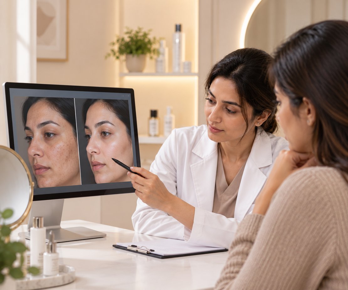 Dermatologist reviewing before and after skin results with a patient at Skinline