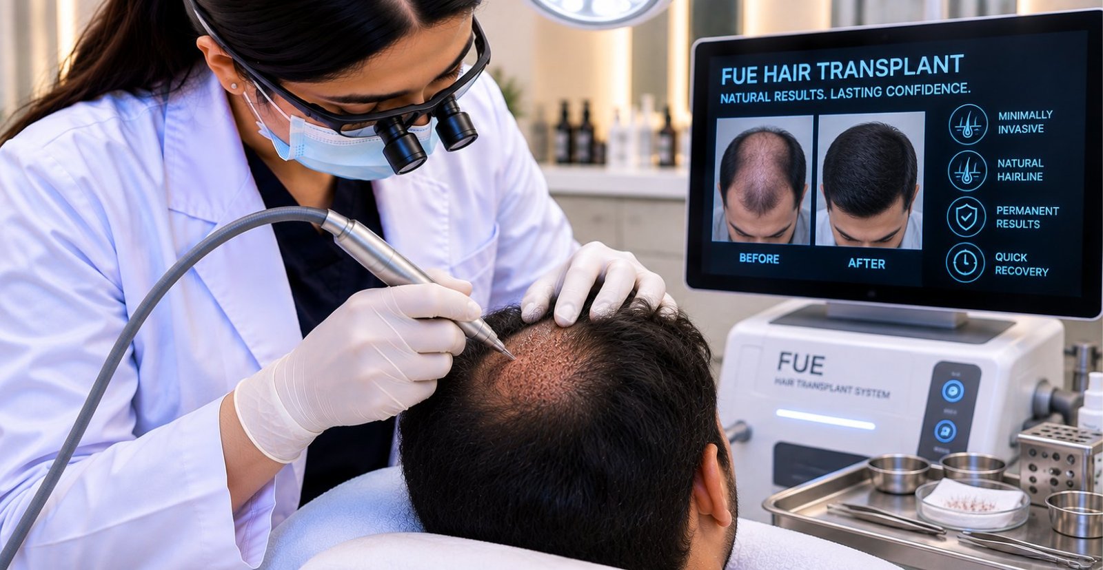 FUE hair transplant graft extraction at Skinline, Kukatpally