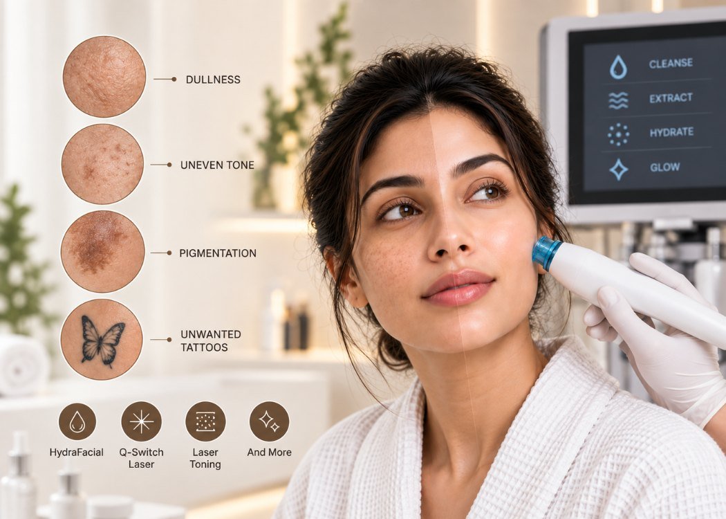 Glow treatments at Skinline: dullness, uneven tone, pigmentation, treated with HydraFacial, Q-Switch laser and laser toning