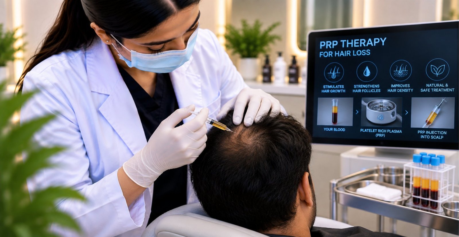 PRP therapy at Skinline, Kukatpally: blood drawn, spun to separate platelet rich plasma, then injected into the scalp